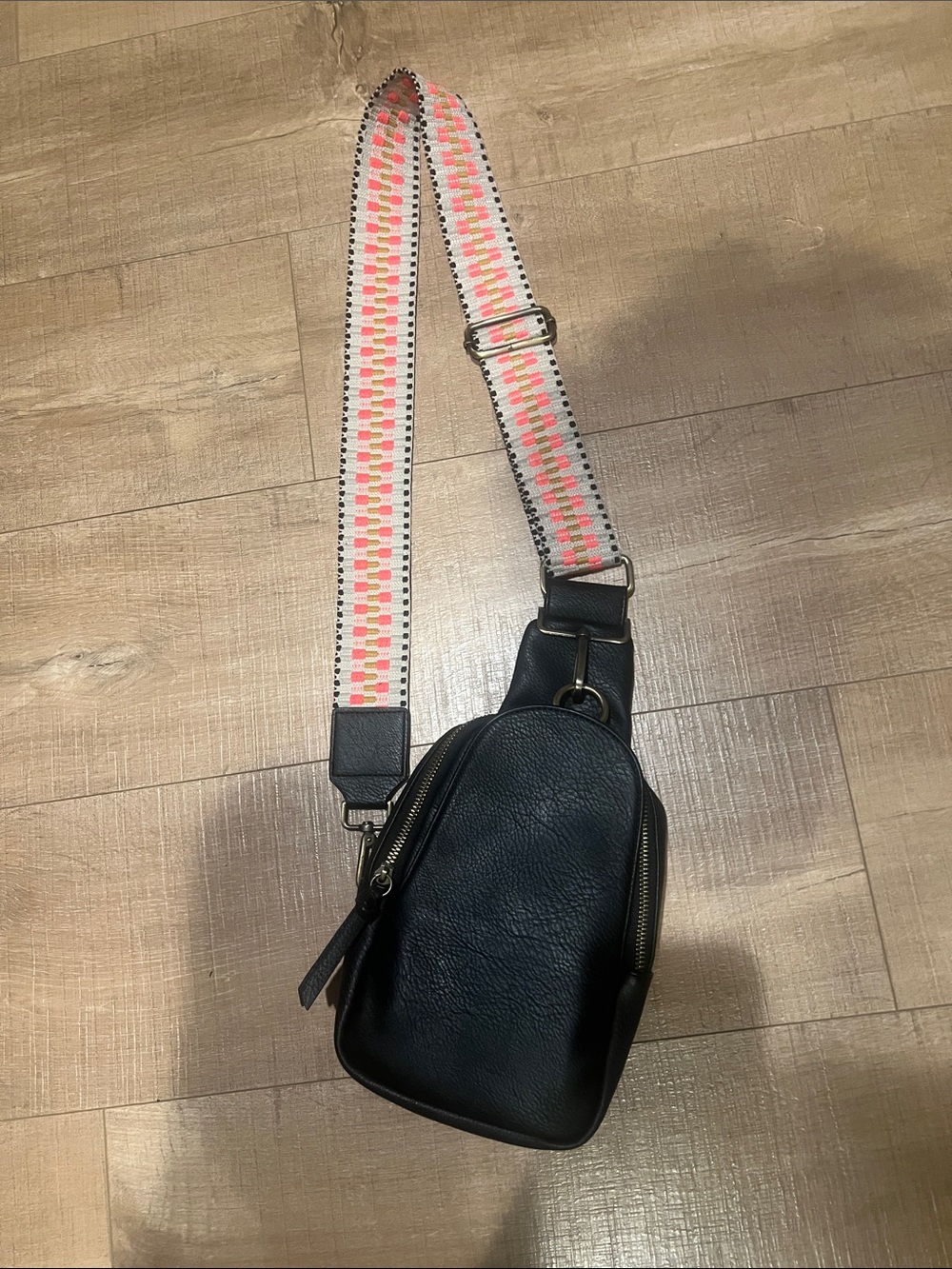 Anthropologie Black Leather Crossbody Sling Bag with Pink Accent Strap